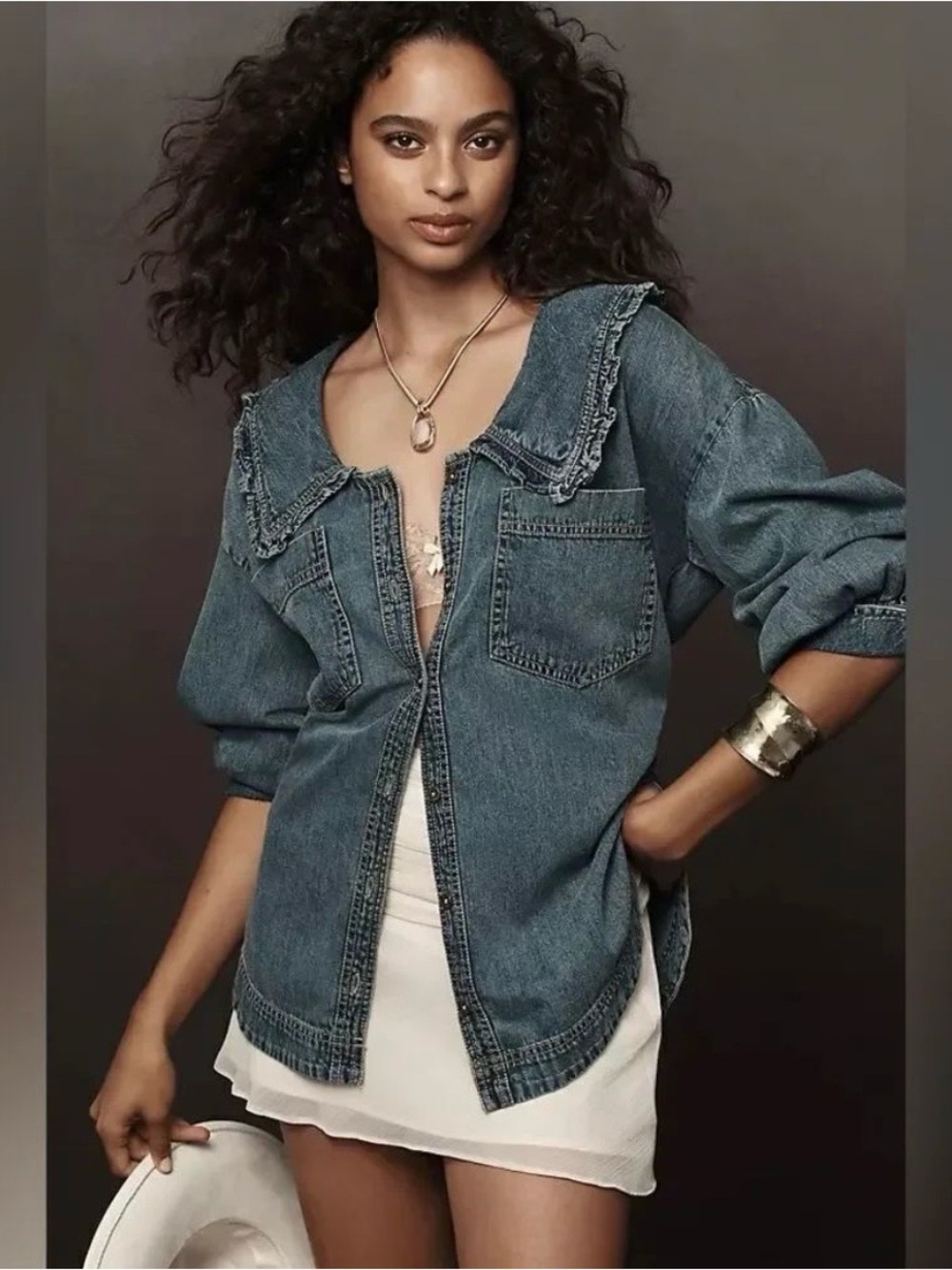 Anthropologie Pilcro Ruffled-Collar Denim Button Down Top